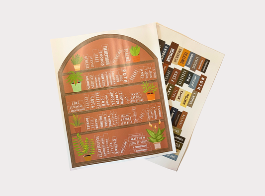 Set of decorative stickers with a bookcase and plant-themed designs on a white background