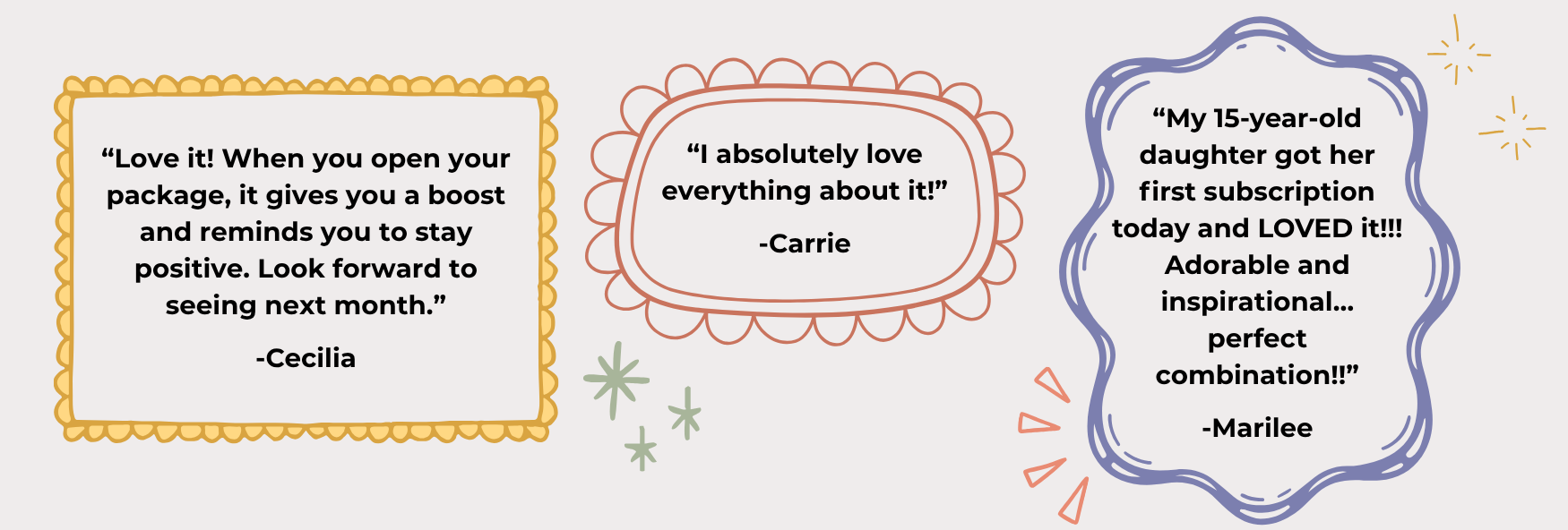 Reviews of a subscription service with quotes from customers on a light gray background.