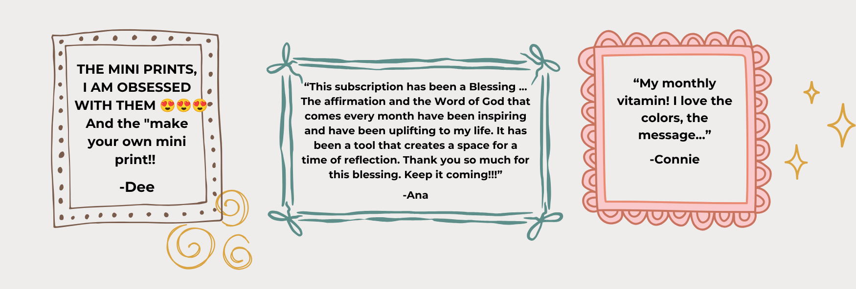 Text testimonials about a subscription service on a decorative background