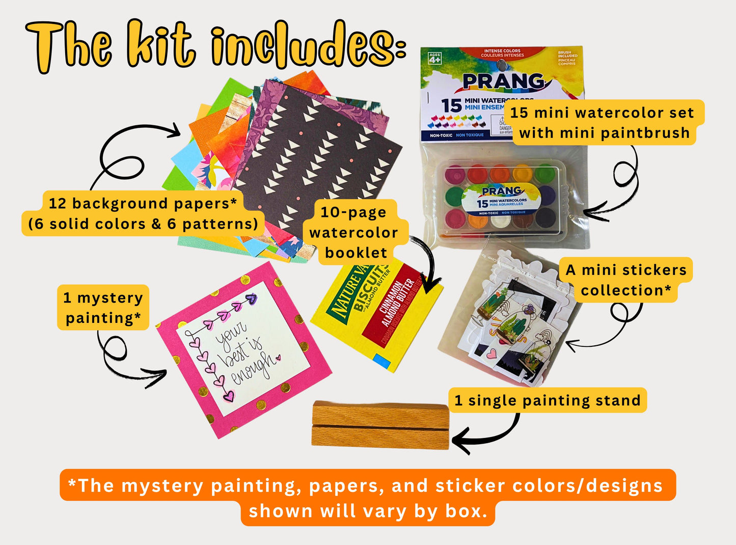 Visual of the items included in the Mini painting DIY Kit