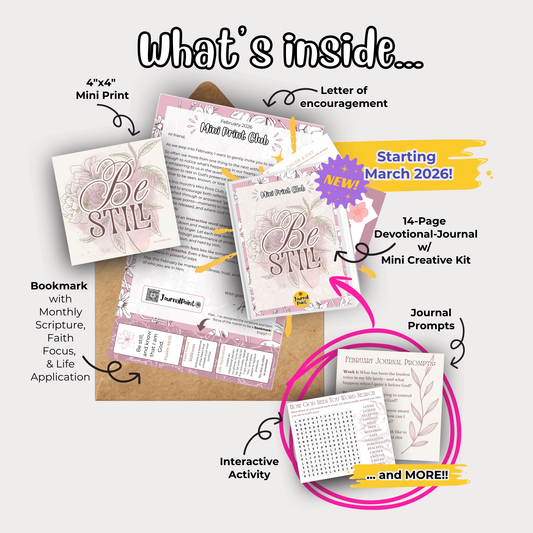 Promotional graphic of a 14-page devotional journal with mini creative kit, featuring various items like a 'Be Still' card and a letter of encouragement.