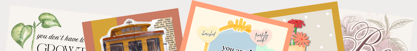 Colorful mini prints with text and decorative elements on a white background