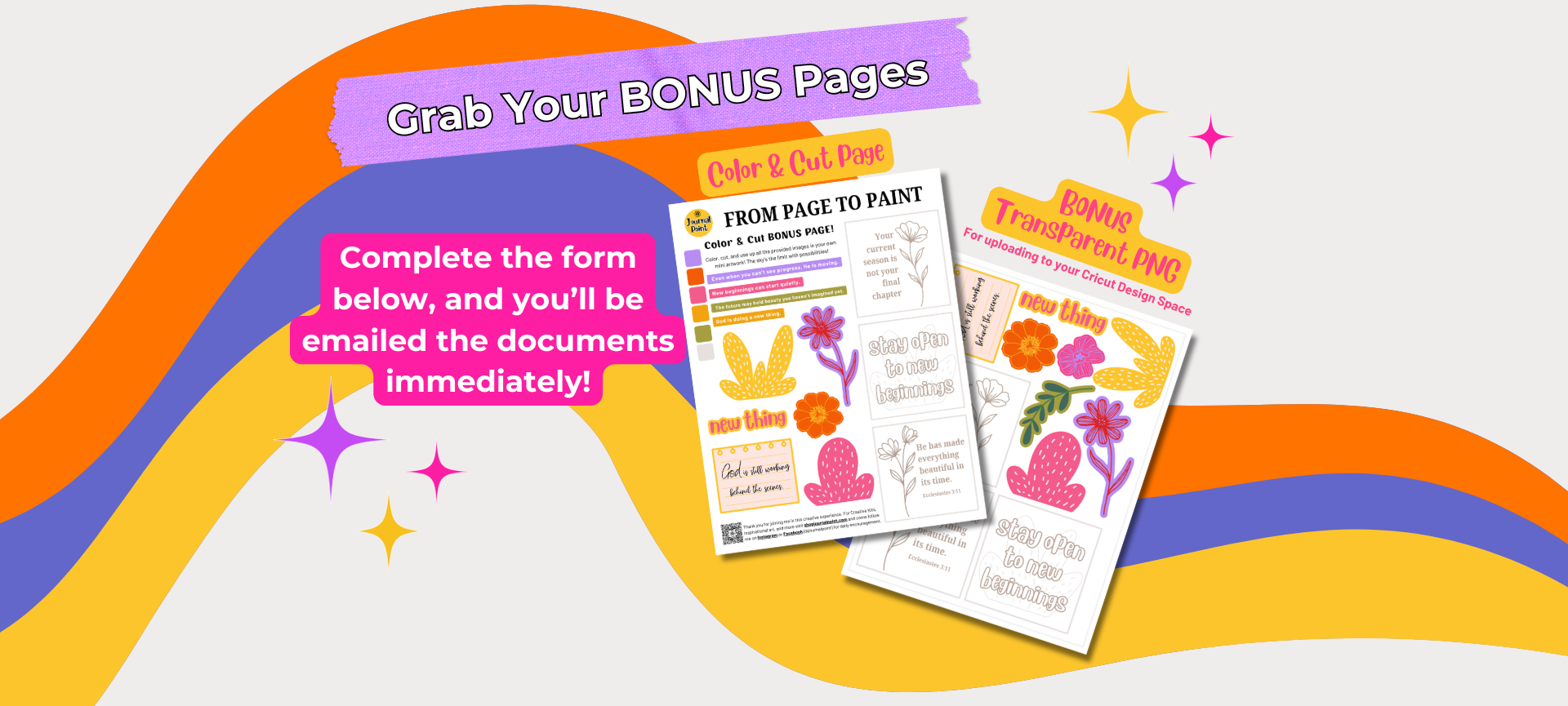 Colorful promotional graphic with bonus pages and form for document completion.