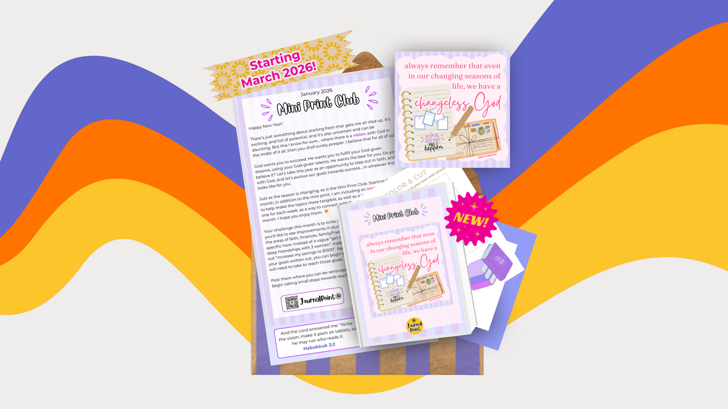 Sneak Peek into the January Mini Print Club subscription featuring a letter, mini print, and devotional booklet.