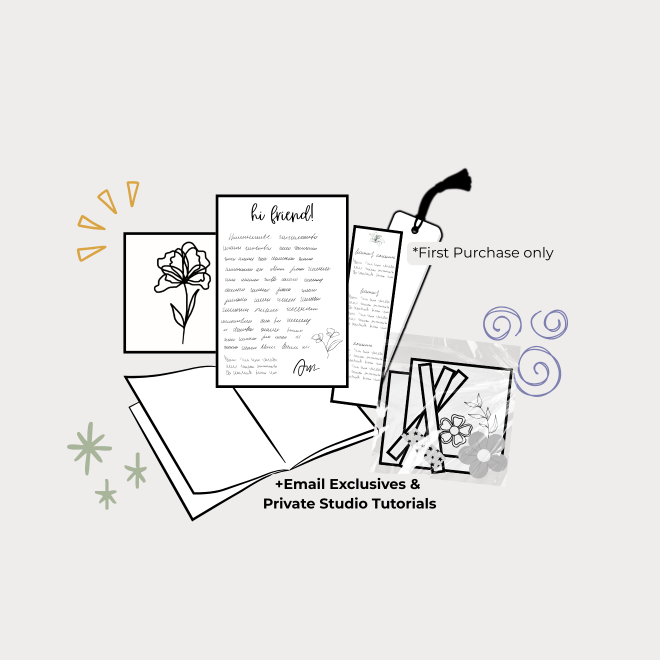 A promotional graphic on a light gray background showing several black-and-white stationery-style cards and envelopes, with decorative doodles and text reading 'hi friend!', 'First Purchase only', and 'Email Exclusives & Private Studio Tutorials'.