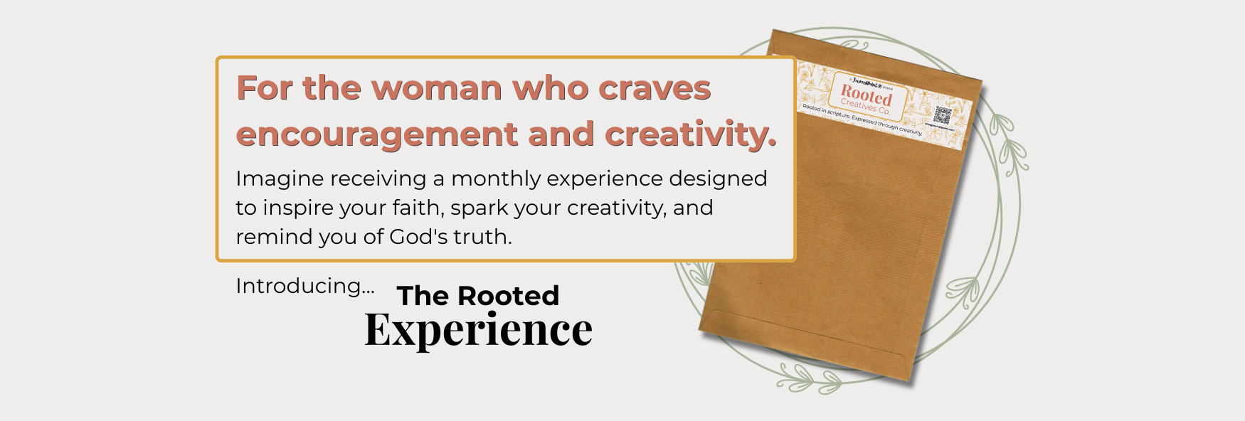 Promotional graphic for 'The Rooted Experience' with a brown envelope and text on a white background.